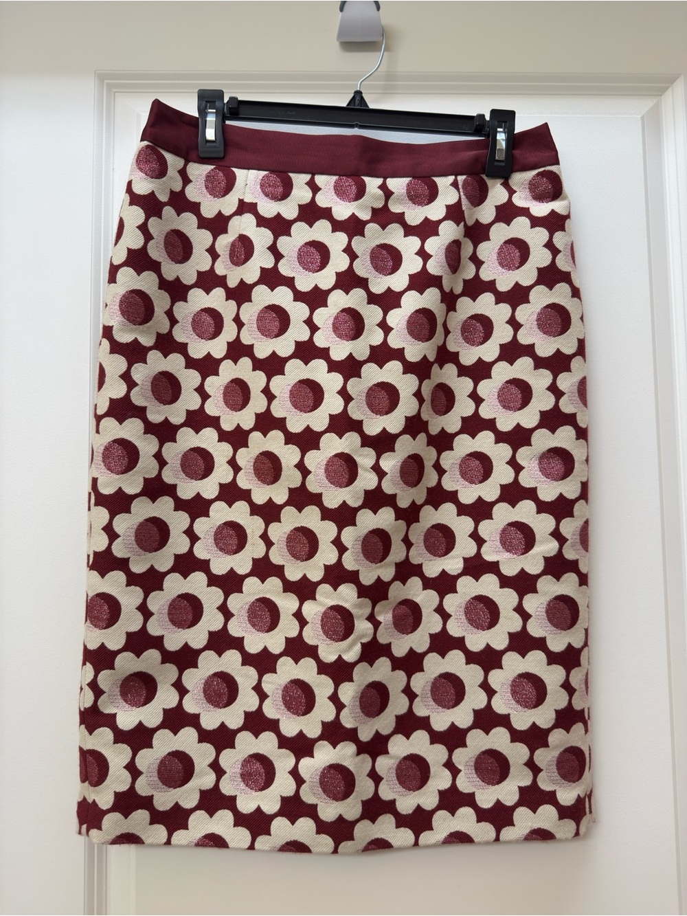 Boden Burgundy and Cream Floral Jacquard Pencil Skirt